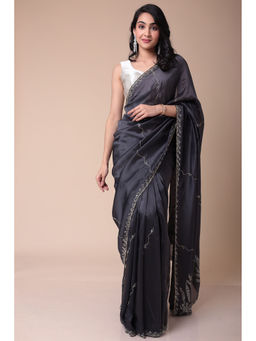 Zari Jaipur - Grey Cotton Silk Embellished Embroidered Saree with Unstitched Blouse