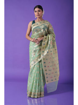 Zari Jaipur - Green Organza Floral Handloom Saree with Unstitched Blouse