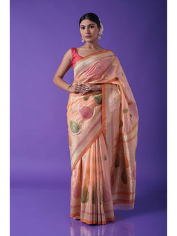 Zari Jaipur - Peach Organza Floral Handloom Saree with Unstitched Blouse