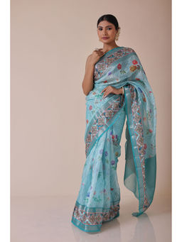 Zari Jaipur - Green Kota Floral Printed Saree with Unstitched Blouse