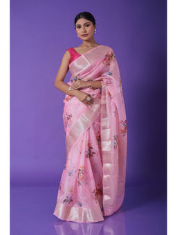 Zari Jaipur - Pink Kota Floral Printed Saree with Unstitched Blouse