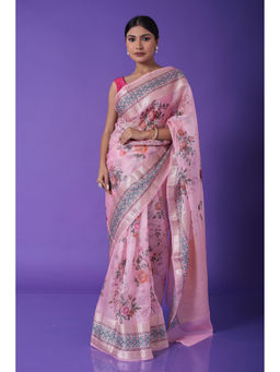 Zari Jaipur - Pink Kota Floral Printed Saree with Unstitched Blouse