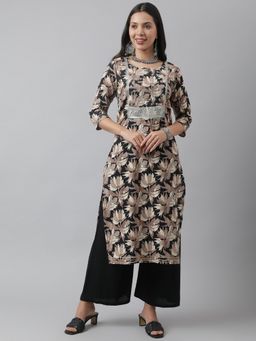 Divena - Black Cotton Floral Straight Kurta