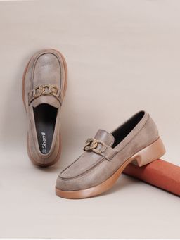 Sherrif Shoes - Women Suede with Chain Detail Taupe Slip-On Loafers
