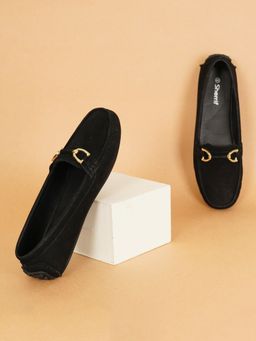 Sherrif Shoes - Women Black Suede Gold Buckle Detail Loafers
