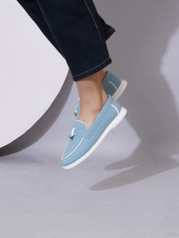 Sherrif Shoes - Women Blue Suede Trim and Decorative Lace Moccasins