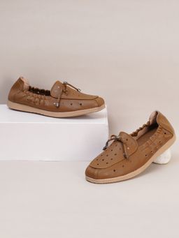 Sherrif Shoes - Women Perforated Tan Moccasins