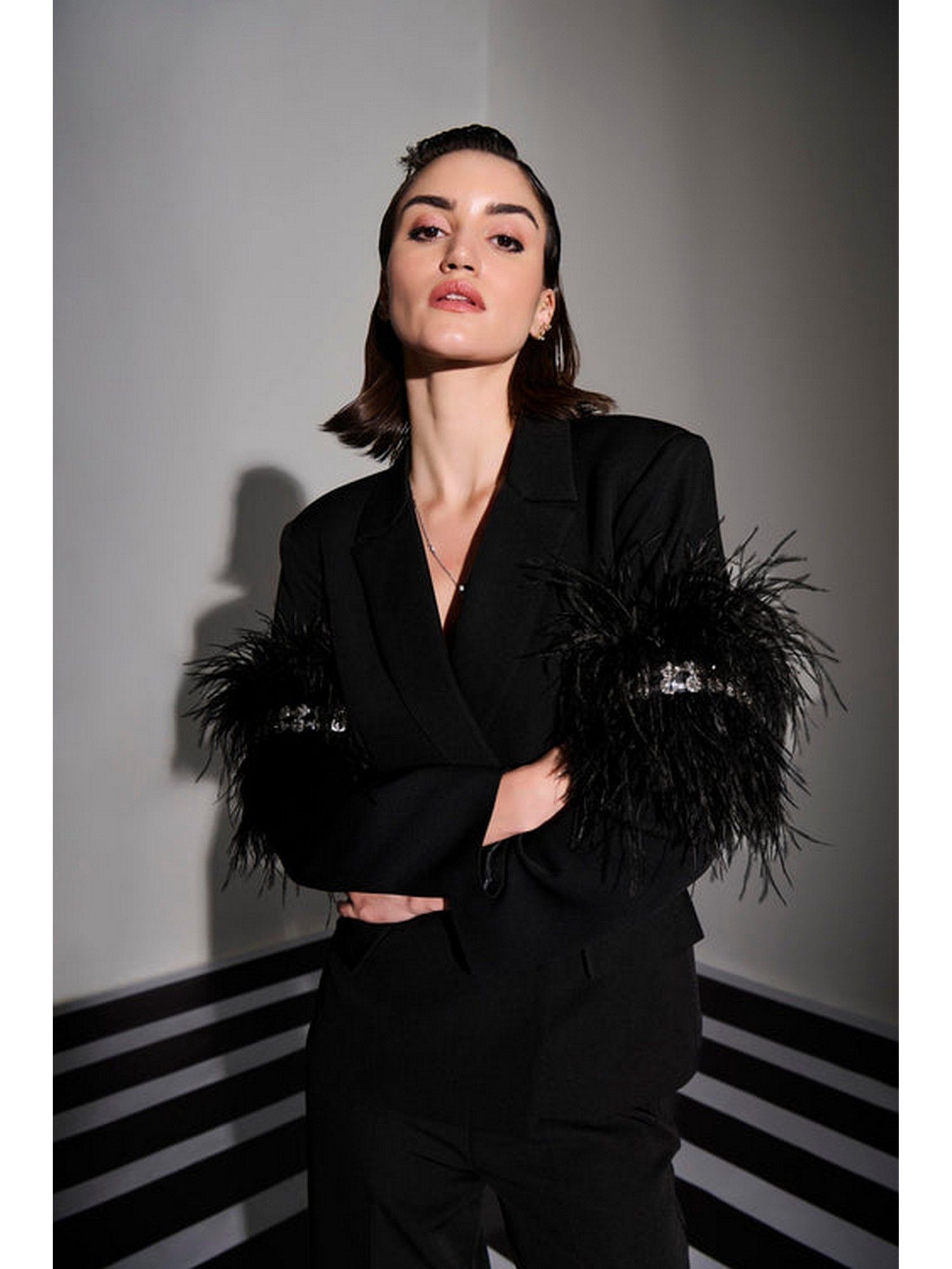 Black Feather Embellished Blazer-image-13