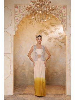 Sunanta Madaan - Yellow Crepe Hand Crafted Draped Skirt with Top and Cape