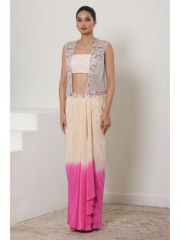 Sunanta Madaan - Pink Viscose Crepe Pre Draped Skirt with Top and Cape
