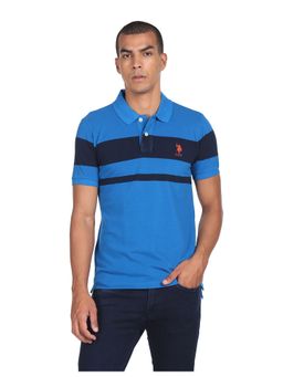 U.S. POLO ASSN. - Men Blue Ribbed Collar Striped Polo T-Shirt