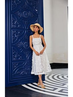 Kay Kay BY KKHUSHI SAHAII - White Embroidered 3D Flower Midi Dress