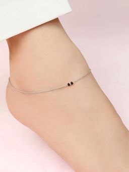 Zavya - Subtle Black Beads Rhodium Plated 925 Sterling Silver Adjustable Link Chain Anklet