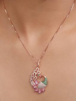 Zavya - Multi-Color Regal Rose Gold-Plated 925 Sterling Silver Peacock Pendant