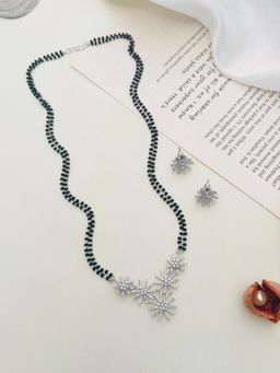 Abdesigns - White Silver Plated American Diamond Studded Beaded Mangalsutra with Pair Of Earrings