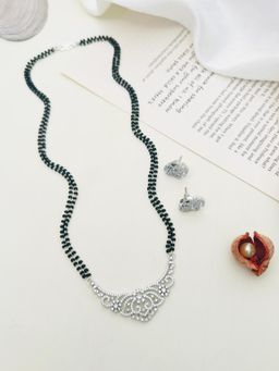 Abdesigns - White Silver Plated American Diamond Studded Beaded Mangalsutra with Pair Of Earrings