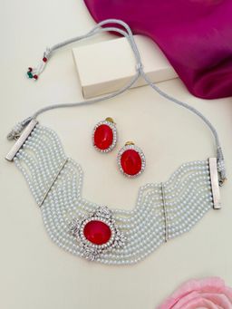 Abdesigns - White Silver Plated American Diamond Studded Beaded Mangalsutra with Pair Of Earrings