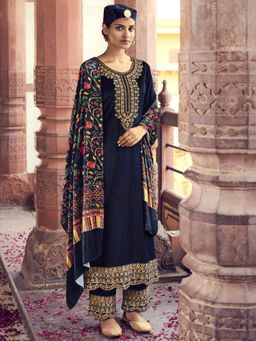 Stylee LIFESTYLE - Navy Blue Velvet Embroidered Dress Material