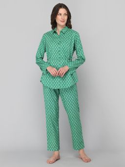 Drape In Vogue - Women's Green White Floral Print Night Suit (Set of 3)