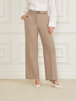 Guess - Women Brown Solid Wide Leg High-Rise Formal Trousers with Belt