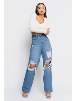 FREAKINS - Mid Blue Distressed Straight Jeans