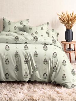 the White Moss - Green Sage Mughal Buta 210Tc Cotton Bedsheet with 2 Pillow Covers (King)