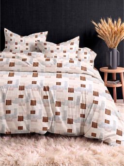 the White Moss - Beige Brown Blocks 210Tc Cotton Bedsheet with 2 Pillow Covers (King)