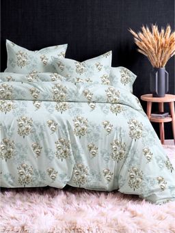 the White Moss - Grey Bloom 210Tc Cotton Bedsheet with 2 Pillow Covers (King)