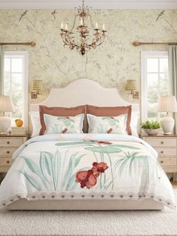 the White Moss - White Pastel Leaf 250Tc Ivy Living Bedsheet with 2 Pillow Covers (King)