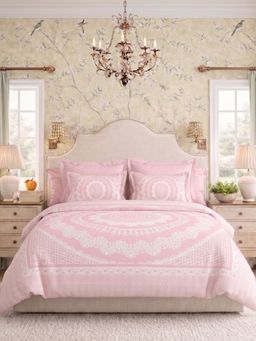 the White Moss - Pink Orbit 250Tc Ivy Living Bedsheet with 2 Pillow Covers (King)