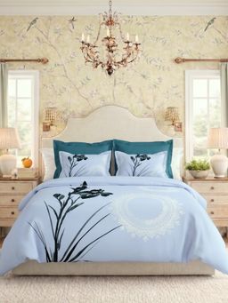 the White Moss - Blue Sprig 250Tc Ivy Living Bedsheet with 2 Pillow Covers (King)