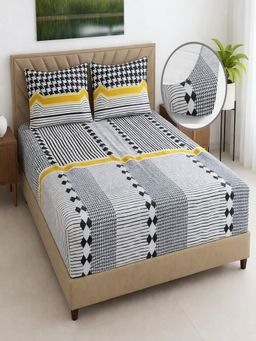 Threadwear - Black & White Geometric 400 Tc Cotton Fitted Bedsheet with 2 Pillow Covers (King)