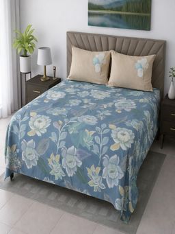 Threadwear - Blue Floral 400 Tc Cotton Flat Bedsheet with 2 Pillow Covers (King)
