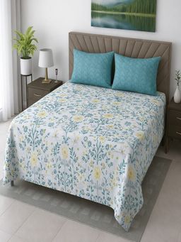 Threadwear - White Floral 400 Tc Cotton Flat Bedsheet with 2 Pillow Covers (King)