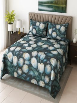 Threadwear - Green Floral 350 Tc Cotton Mix Flat Bedsheet with 2 Pillow Covers (King)