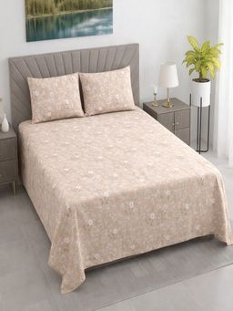 Threadwear - Beige Floral 400 Tc Cotton Flat Bedsheet with 2 Pillow Covers (Queen)