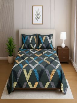 Threadwear - Dark Grey Geometric 210 Tc Mix Cotton Flat Bedsheet with 2 Pillow Covers (Single)