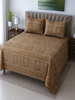Threadwear - Brown Floral 400 Tc Cotton Flat Bedsheet with 2 Pillow Covers (Queen)