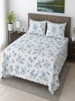 Threadwear - White Floral 400 Tc Cotton Flat Bedsheet with 2 Pillow Covers (Queen)