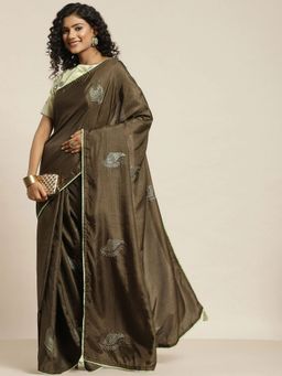 Odette - Women Olive Silk Blend Embellished Saree with Unstitched Blouse