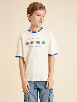 Jack & Jones Junior - Boys Printed Over-Sized Fit Cream T-Shirt