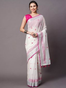 Odette - White Festive Linen Blend Embellished Saree with Unstitched Blouse