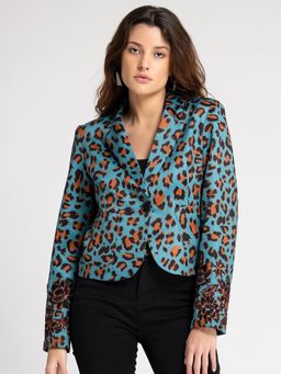 SHAYE - Notched Lapel Teal & Brown Leopard Printed Long Sleeves Crop Length Blazer for Women