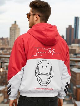 Bewakoof - Air 1.0 Marvel Men's White & Red Iron Man Graphic Printed Oversized Windcheater Jacket