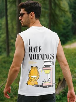 Bewakoof - Men's White Garfield Hates Mornings Graphic Printed Boxy Fit Vest
