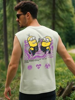 Bewakoof - Minions Men's Fog Green Best Buds Graphic Printed Boxy Fit Vest