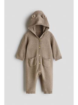 H&M - Unisex Beige Cotton-Knit Romper Suit
