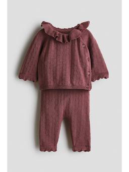 H&M - Girls Maroon 2-Piece Pointelle-Knit Top And Trouser