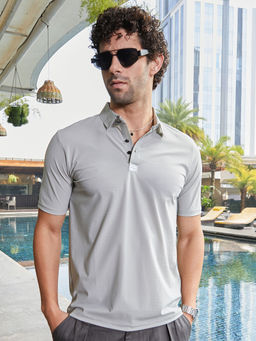 Campus Sutra - Men Coin Grey Seamless Waffle Polo T-Shirt