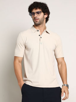 Campus Sutra - Men Saltbox Beige Seamless Ribbed Polo T-Shirt